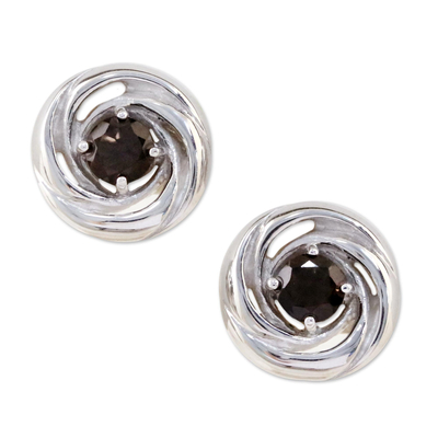 Smoky quartz stud earrings, 'Cyclones' - Sterling Silver Smoky Quartz Earrings Bathed in Rhodium