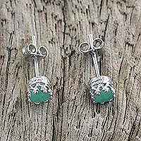 Emerald stud earrings, 'Brilliant Splendor' - Rhodium Plated Emerald Stud Earrings from Thailand