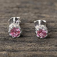Rhodium Plated Pink Tourmaline Stud Earrings from Thailand,'Brilliant Splendor'
