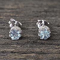 Blue topaz stud earrings, 'Brilliant Splendor'