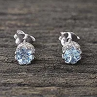 Blue topaz stud earrings, 'Brilliant Splendor' - Rhodium Plated Blue Topaz Stud Earrings from Thailand