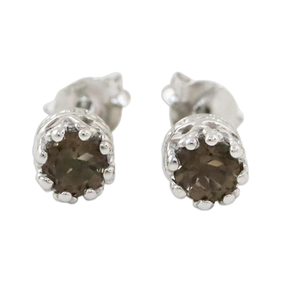Smoky quartz stud earrings, 'Brilliant Splendor' - Rhodium Plated Smoky Quartz Stud Earrings from Thailand