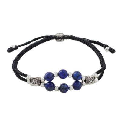 Lapis lazuli wristband bracelet, 'Karen Sea' - Lapis Lazuli and Karen Silver Bracelet from Thailand