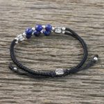 Lapis lazuli wristband bracelet, 'Karen Sea' - Lapis Lazuli and Karen Silver Bracelet from Thailand