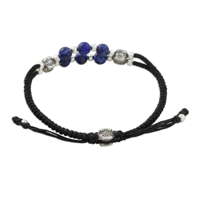 Lapis lazuli wristband bracelet, 'Karen Sea' - Lapis Lazuli and Karen Silver Bracelet from Thailand