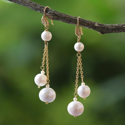 Gold plated cultured pearl dangle earrings, 'Butterfly Clouds' - 18 Kt Gold Plated Freshwater Cultured Pearl Dangle Earrings