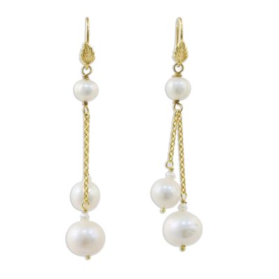 Gold plated cultured pearl dangle earrings, 'Butterfly Clouds' - 18 Kt Gold Plated Freshwater Cultured Pearl Dangle Earrings