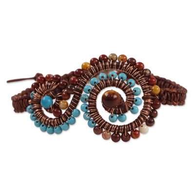 Multi-gemstone pendant bracelet, 'Bohemian Waters' - Multi-Gem and Leather Spiral Pendant Bracelet from Thailand