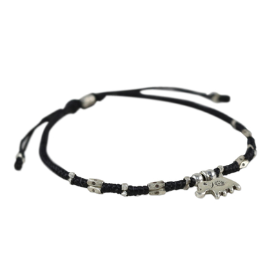 Silver accented cord bracelet, 'Elephant Luck' - Artisan Crafted Black Bracelet with Hill Tribe Silver Charm