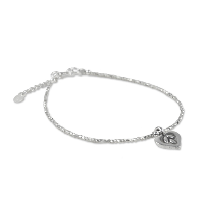 Silver charm bracelet, 'Natural Karen' - 950 Karen Silver Beaded Charm Heart Bracelet from Thailand
