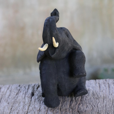 Teak statuette, 'Joyous Elephant' - Artisan Hand Carved Thai Elephant Statuette in Teak Wood