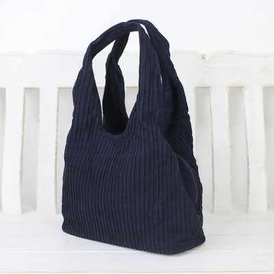 Cotton shoulder bag, 'Thai Texture in Midnight' - Textured Cotton Shoulder Bag in Midnight from Thailand