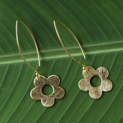 Pendientes colgantes chapados en oro - Pendientes tailandeses de flor pequeña de plata chapada en oro hechos a mano