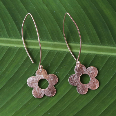Rose gold plated dangle earrings, 'Petite Fig Blossom' - Handcrafted Rose Gold on Silver 925 Petite Flower Earrings