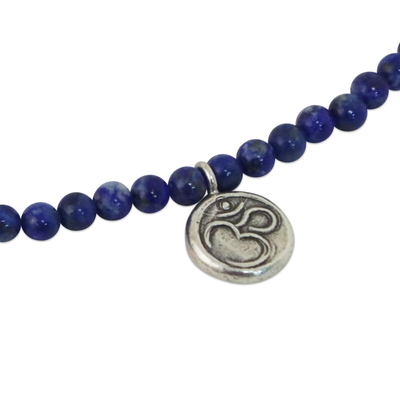 Lapis lazuli pendant necklace, 'Om Concentration' - Lapis Lazuli and 950 Silver Beaded Pendant Necklace