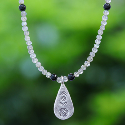 Labradorite and onyx pendant necklace, 'Charming Flower' - Labradorite and Onyx Pendant Necklace from Thailand