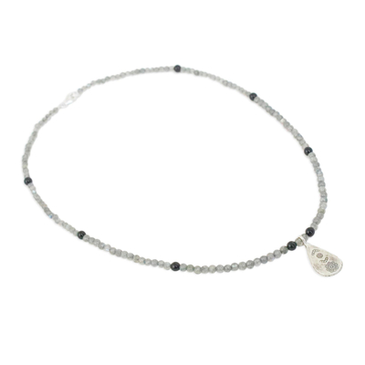 Labradorite and onyx pendant necklace, 'Charming Flower' - Labradorite and Onyx Pendant Necklace from Thailand