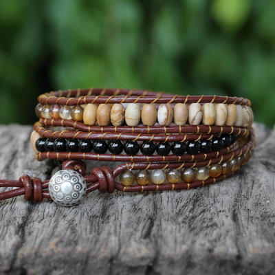 Multi-gemstone wrap bracelet, 'Earthen Blend' - Karen Silver Multigem Beaded Wrap Bracelet from Thailand