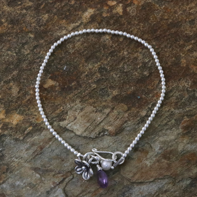 Cultured pearl and amethyst charm bracelet, 'Blossoming Friendship' - Cultured Pearl Amethyst and Silver Floral Beaded Bracelet