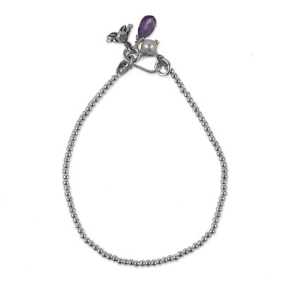 Cultured pearl and amethyst charm bracelet, 'Blossoming Friendship' - Cultured Pearl Amethyst and Silver Floral Beaded Bracelet