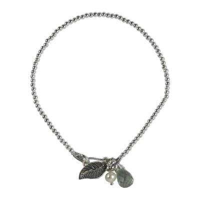 Prasiolite and cultured pearl charm bracelet, 'Beautiful Leaf' - Silver Cultured Pearl and Prasiolite Charm Bracelet