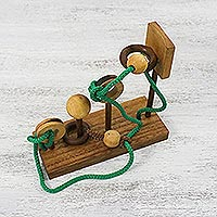 Wood puzzle, 'Basketball' - Handcrafted Wood Puzzle with Balls and Cord from Thailand