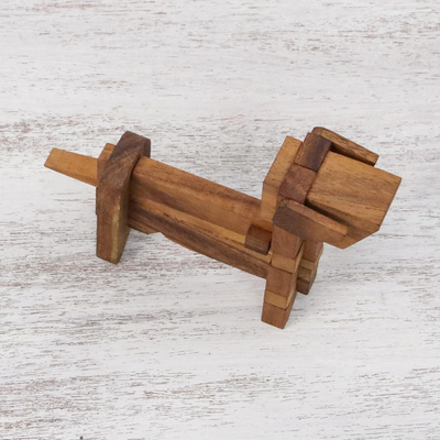 Wood puzzle, 'Excited Puppy' - Handcrafted Wood Dog-Shaped Puzzle from Thailand