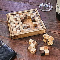 Handcrafted Wood Chessboard Puzzle from Thailand,'Chess Shapes'