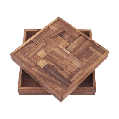 Wood puzzle, 'Geometry Game' - Handcrafted Square Wood Geometric Puzzle from Thailand