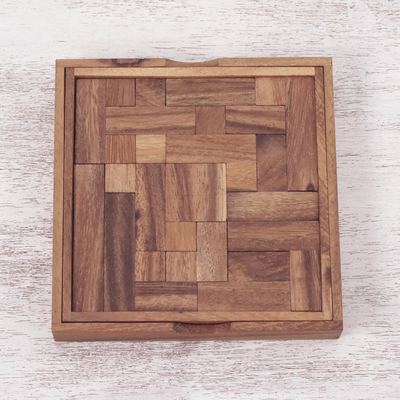 Wood puzzle, 'Geometry Game' - Handcrafted Square Wood Geometric Puzzle from Thailand
