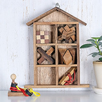 Wood puzzle set with box, 'Household Challenge' (set of 6)