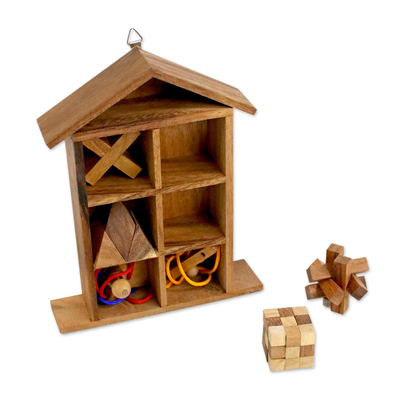 Holzpuzzle-Set mit Box, (6er-Set) - Sechs Regenbaum-Holzpuzzles mit Box aus Thailand