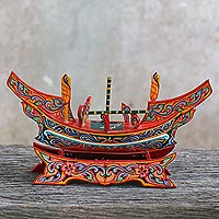 Wood sculpture, 'Kolae Adventure' - Hand Painted Multicolor Wood Boat Sculpture from Thailand
