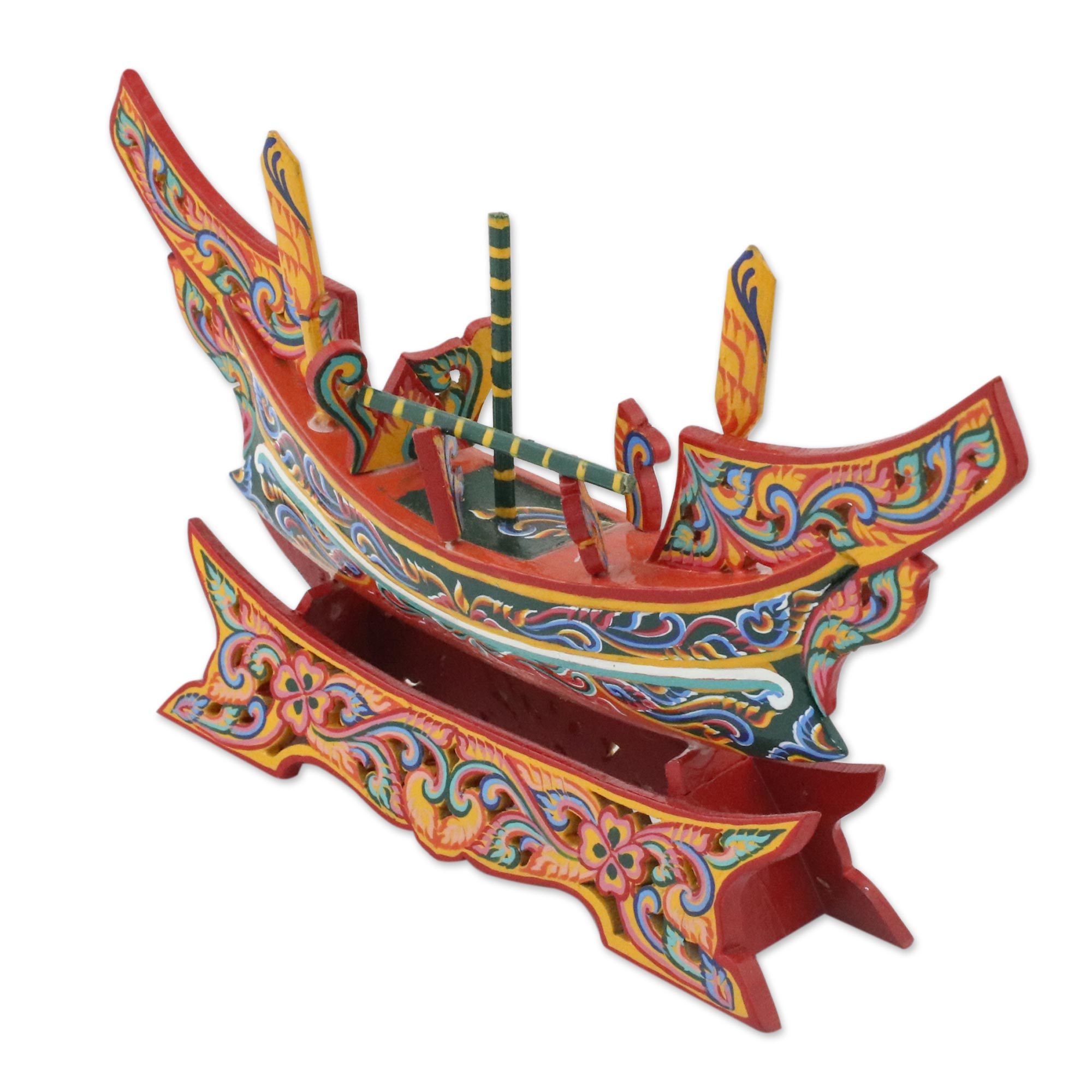 Hand Painted Multicolor Wood Boat Sculpture from Thailand Kolae