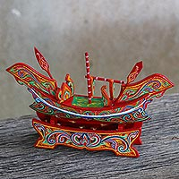 Wood sculpture, 'Fishing Boat' - Hand Painted Multicolored Wood Boat Sculpture from Thailand