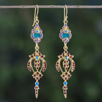 Gold plated brass dangle earrings, 'Thai Succulence' - Gold Plated Brass Earrings in Purple and Red from Thailand