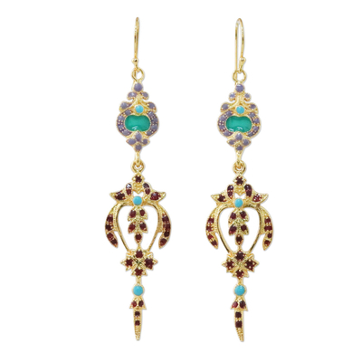 Gold plated brass dangle earrings, 'Thai Succulence' - Gold Plated Brass Earrings in Purple and Red from Thailand