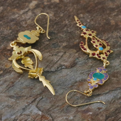 Gold plated brass dangle earrings, 'Thai Succulence' - Gold Plated Brass Earrings in Purple and Red from Thailand