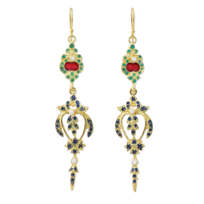 Gold plated brass dangle earrings, 'Thai Confection' - Gold Plated Brass Multicolored Earrings from Thailand