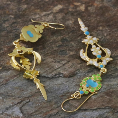 Gold plated brass dangle earrings, 'Thai Purity' - Gold Plated Brass Earrings in White and Green from Thailand