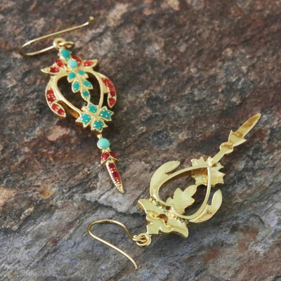 Gold plated brass dangle earrings, 'Proud Beauty in Red' - Gold Plated Brass Earrings in Green and Red from Thailand