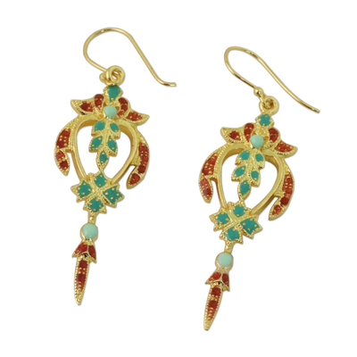 Gold plated brass dangle earrings, 'Proud Beauty in Red' - Gold Plated Brass Earrings in Green and Red from Thailand