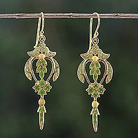 Gold plated brass dangle earrings, 'Proud Beauty in Green' - Gold Plated Brass Earrings in Green from Thailand