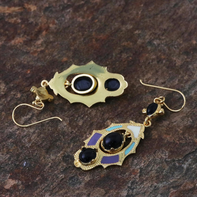 Gold plated brass dangle earrings, 'Ornate Thai' - Gold Plated Brass and Resin Colorful Earrings from Thailand