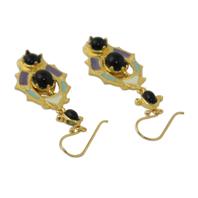 Gold plated brass dangle earrings, 'Ornate Thai' - Gold Plated Brass and Resin Colorful Earrings from Thailand