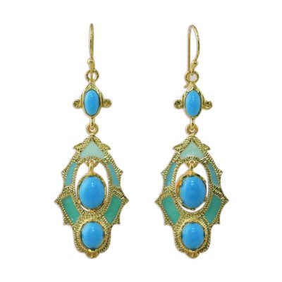Gold plated brass dangle earrings, 'Ornate Thai in Blue' - 22k Gold Plated Brass Ornate Earrings in Blue from Thailand