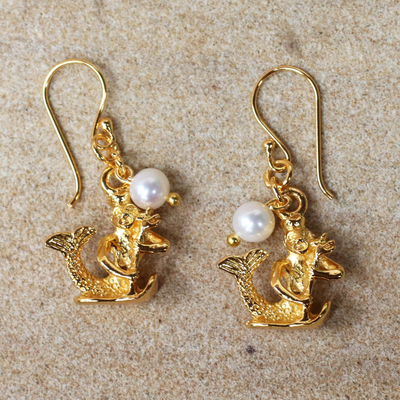 Pendientes colgantes de perlas cultivadas chapadas en oro - Pendientes Acuario de perlas cultivadas chapadas en oro de Tailandia