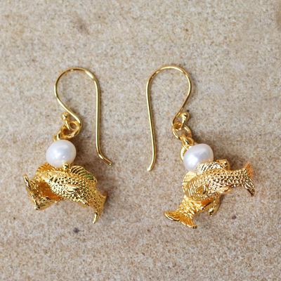 Gold plated cultured pearl dangle earrings, 'Radiant Pisces' - Gold Plated Cultured Pearl Pisces Earrings from Thailand