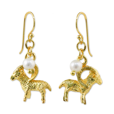 Gold plated cultured pearl dangle earrings, 'Radiant Aries' - Gold Plated Cultured Pearl Aries Earrings from Thailand