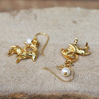 Gold plated cultured pearl dangle earrings, 'Radiant Aries' - Gold Plated Cultured Pearl Aries Earrings from Thailand